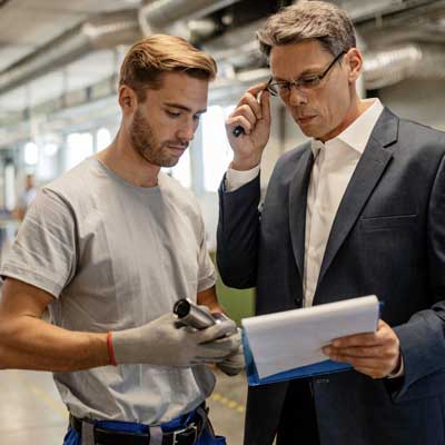 A man looking at a man holding a clipboard - Engaging Your Stakeholders